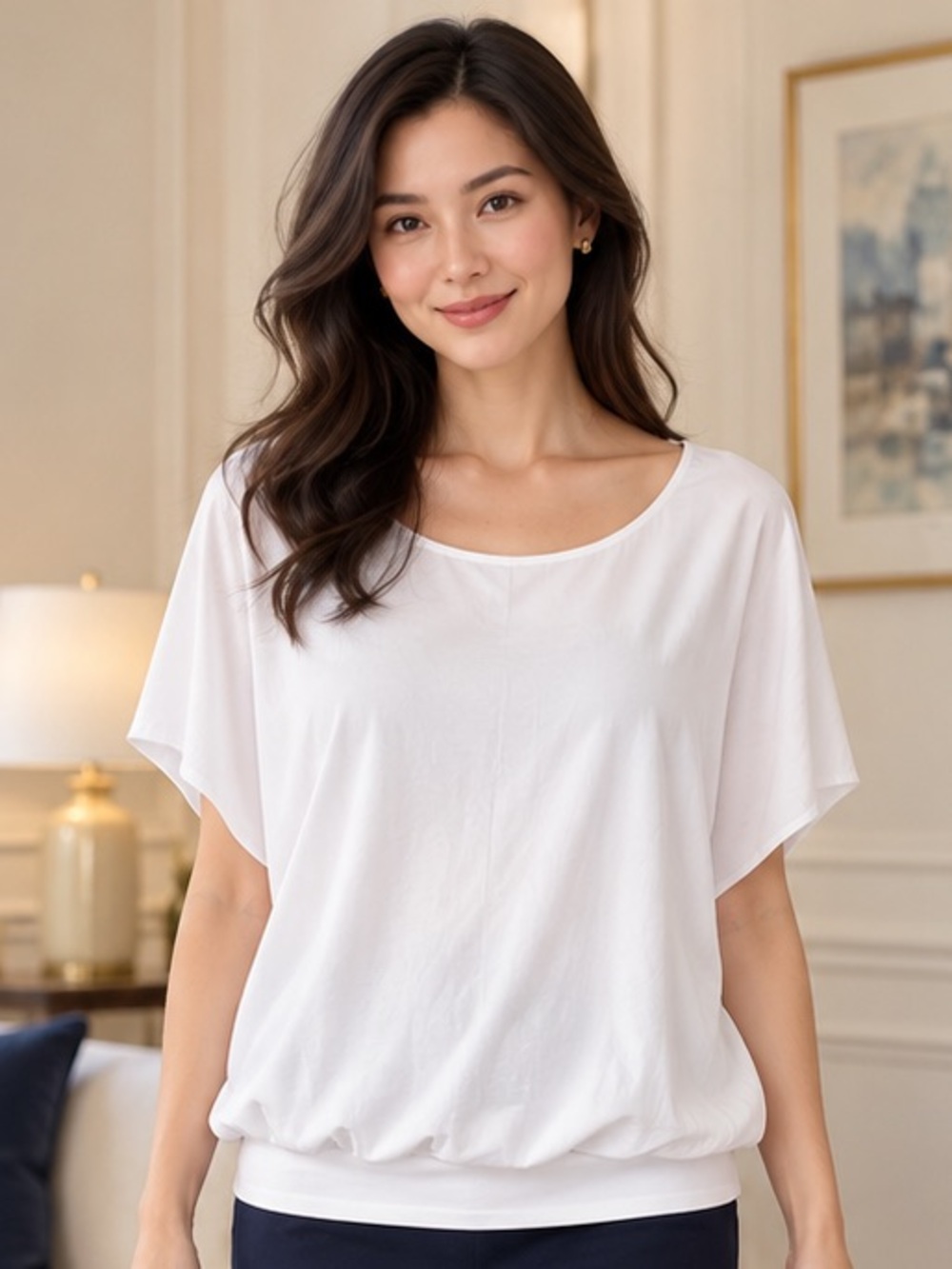 Neineiwu White Dolman Sleeve Blouson Hem Top